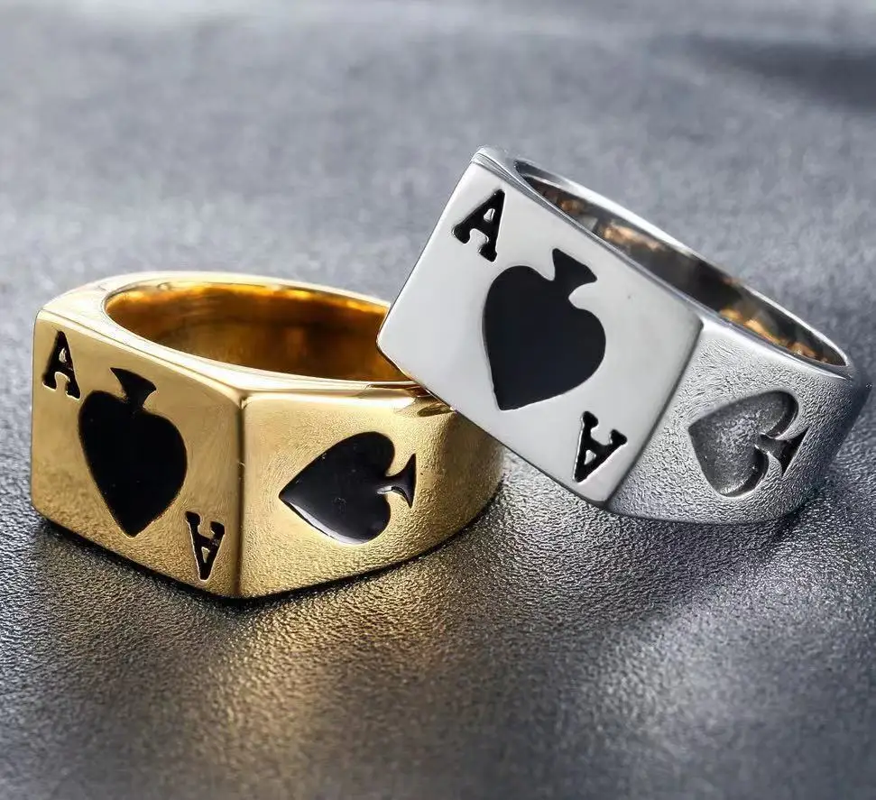 Мужская индивидуальность Винтажное казино Lucky Poker Ring Ювелирные изделия Мужские из нержавеющей стали Размер 7-14 - 0