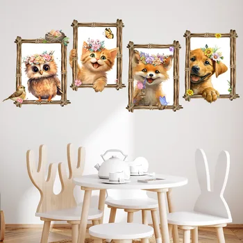 Милые животные, Собака, кошка, наклейки на стену для детской комнаты, домашний декор для мальчика, обои, наклейки для гостиной, спальни, офисный плакат, ПВХ
