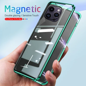 360 ° Адсорбционный Магнитный Бампер Matel Flip Case Для Iphone 15 Pro Max С Двусторонним Закаленным Стеклом Protect Coque Iphone15 ProMax