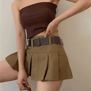 2023 Новая винтажная опрятная ультракороткая юбка трапециевидной формы, коричневый сексуальный вид, тонкая плиссированная юбка с защитой от воздействия