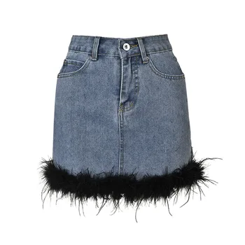 Женская винтажная джинсовая юбка-карандаш в стиле пэчворк из страусиных перьев с высокой талией
