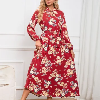 Женское осеннее платье с цветочным рисунком и длинным рукавом 2023, миди-платье в стиле бохо, повседневные модные платья с квадратным вырезом
