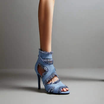 Новые женские босоножки Kaky's из денима с открытым носком и рыбьим ртом на высоком каблуке, римские сандалии большого размера