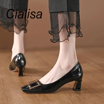 Модные женские туфли-лодочки Cialisa с квадратным носком, осень 2023, ручная работа, квадратная пряжка, натуральная кожа, Элегантная женская обувь на среднем каблуке, черный цвет